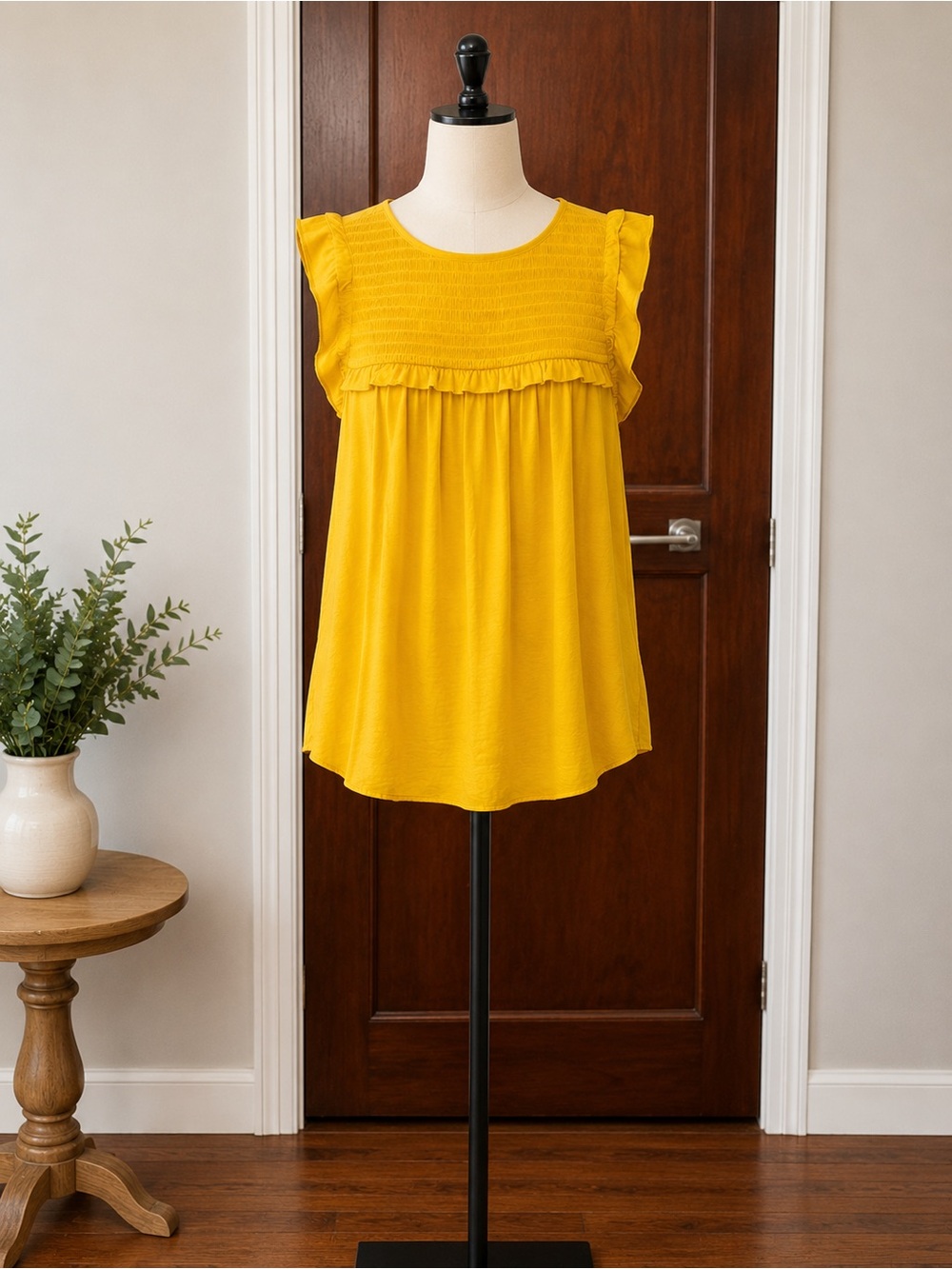 LOFT Yellow Smocked Ruffle Sleeve Tank Top